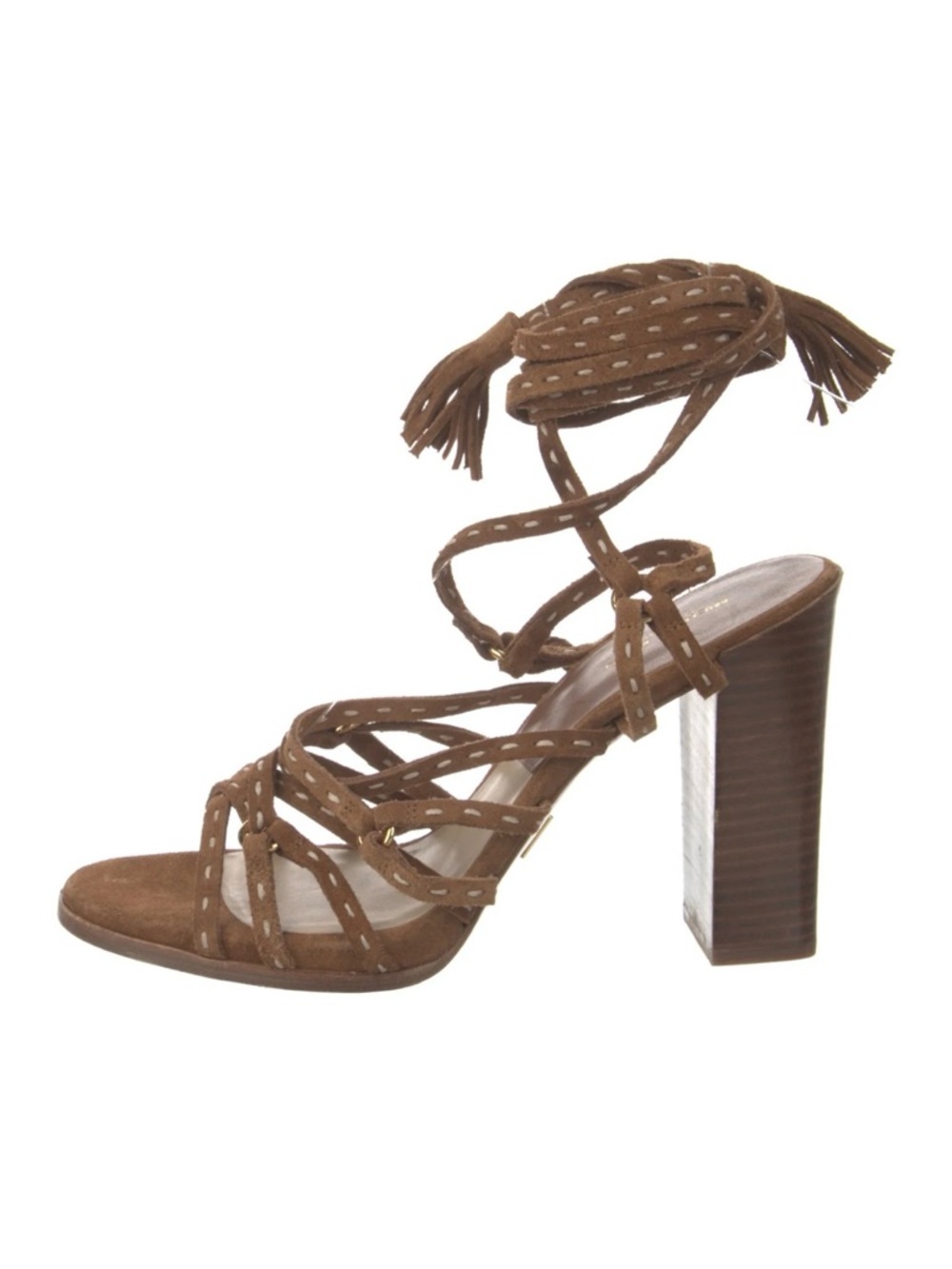 Michael Kors Brown Suede Wraparound Tassel Block Heel Sandals